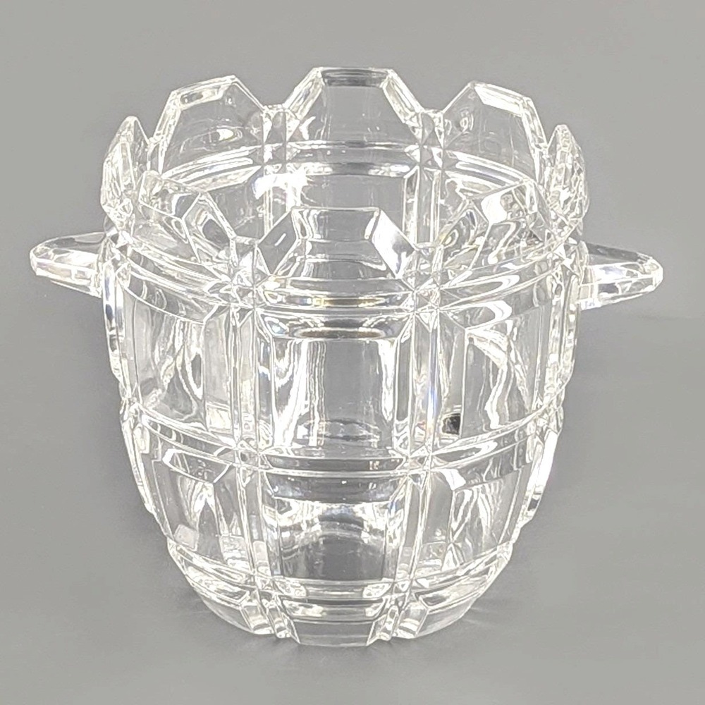 Vintage Clear Cut Glass Ice Bucket Block Pattern Tab Handles Crystal Barware